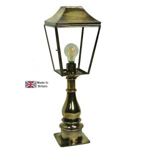 Knightsbridge tall 1 light outdoor pillar lantern in solid brass shown in light antique
