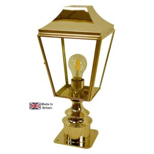 Knightsbridge short 1 light outdoor pillar lantern in solid brass shown polished