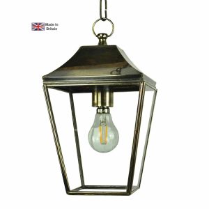 Knightsbridge small 1 light hanging porch lantern in solid brass shown in light antique