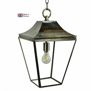 Knightsbridge medium 1 light hanging porch lantern in solid brass shown in light antique