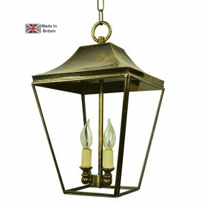 Knightsbridge medium 3 light hanging porch lantern in solid brass shown in light antique