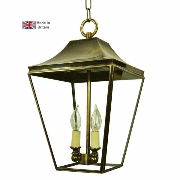 Knightsbridge medium 3 light hanging porch lantern in solid brass shown in light antique