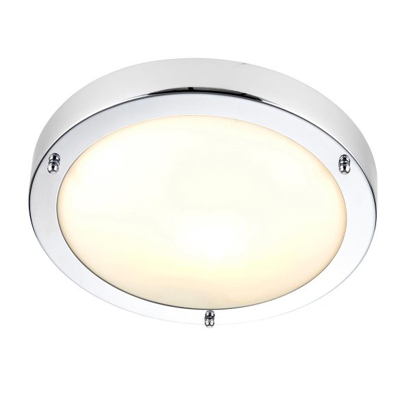 Portico flush bathroom ceiling light in polished chrome on white background lit