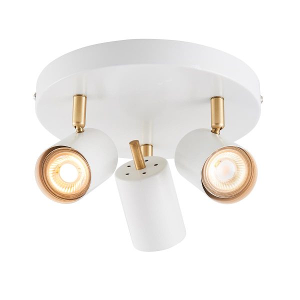 Gull 3 light ceiling spotlight plate in matt white and satin gold on white background lit