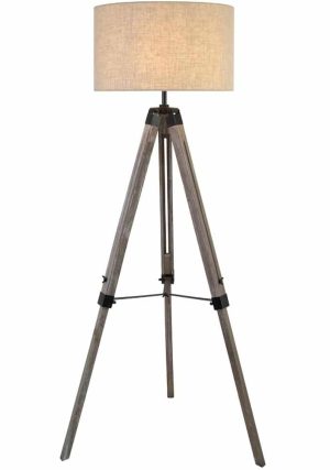 Tripod 1 light floor lamp in washed wood cream linen shade