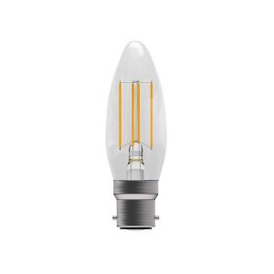 Clear 4w warm white dimmable LED filament candle bulb with a BC-B22 base.
