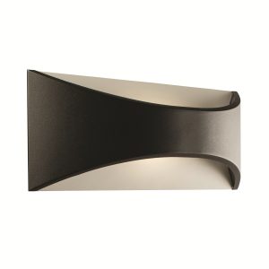 Vulcan CCT LED modern outdoor wall light in matt black and rated IP65, on white background lit.