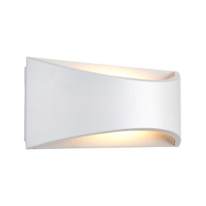 Vulcan CCT LED modern outdoor wall light in matt white and rated IP65, on white background lit.