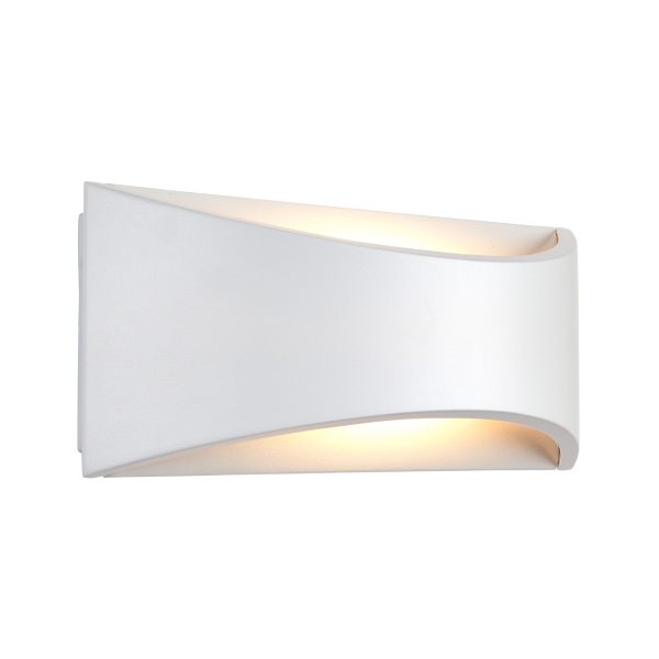 Vulcan CCT LED modern outdoor wall light in matt white and rated IP65, on white background lit.