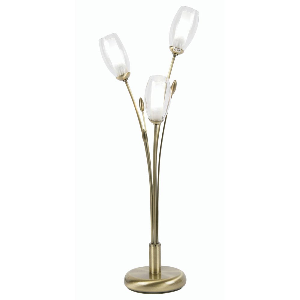 Pandora 3 Light Floral Table Lamp Antique Brass Tulip Glass