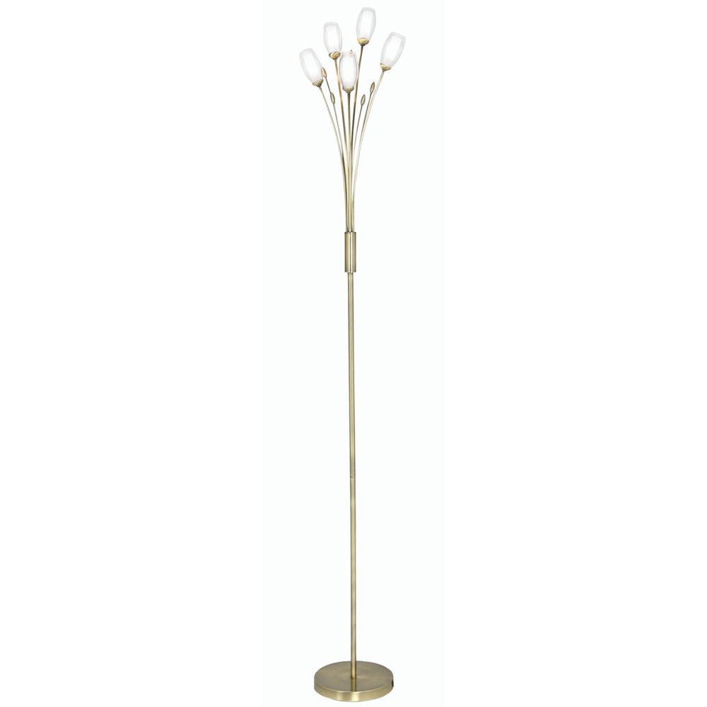 Pandora 5 Light Floral Floor Lamp Antique Brass Tulip Glass