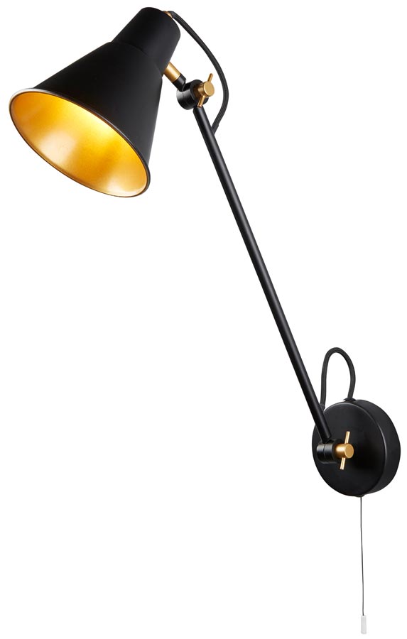 Matt Black Switched 1 Light Adjustable Wall Reading Light Gold Inner