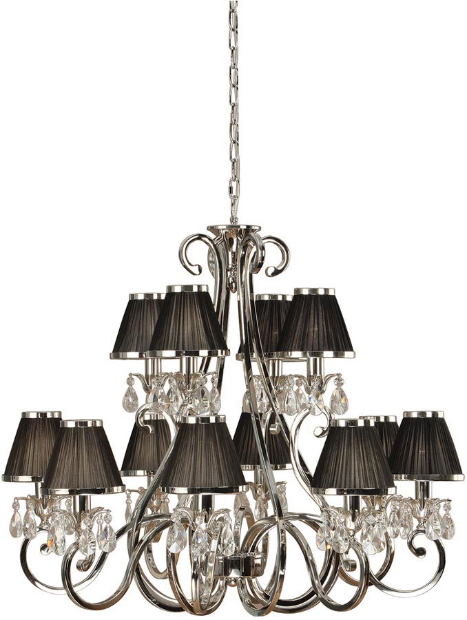 Oksana Large Nickel 12 Light Crystal Chandelier Black Shades