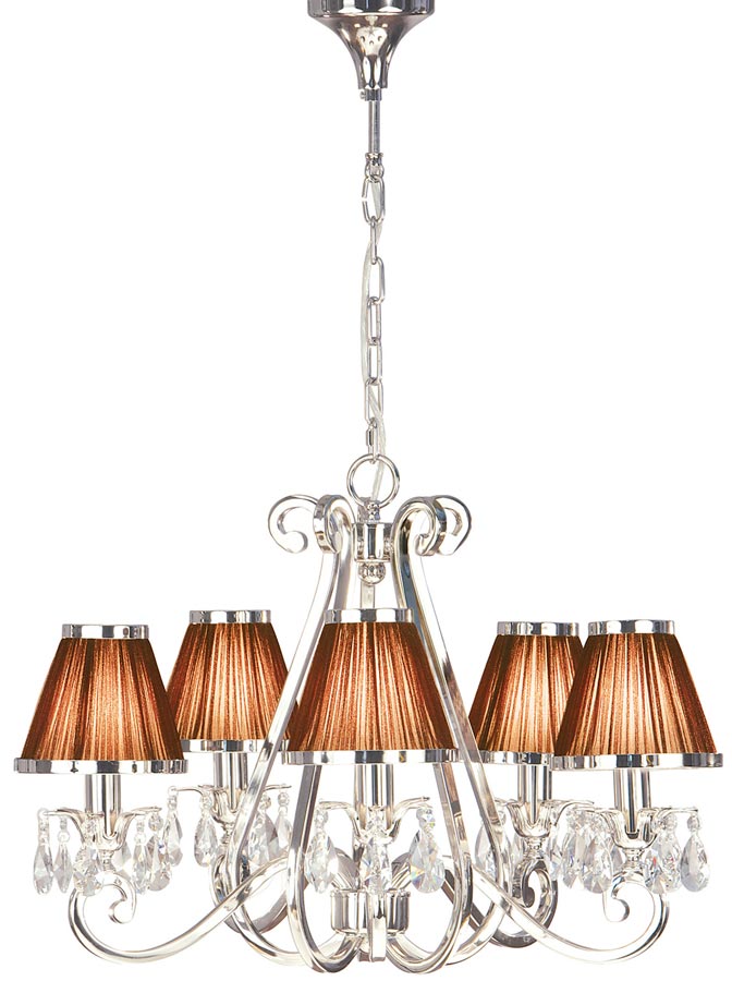 Oksana Nickel 5 Light Chandelier Crystal Drops Chocolate Shades