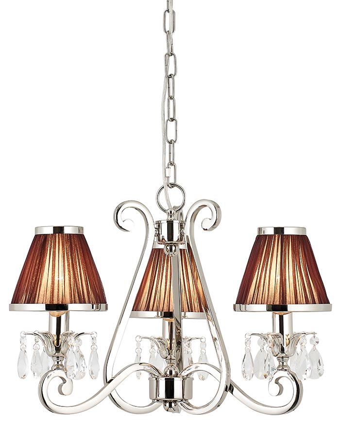 Oksana Nickel 3 Light Chandelier Crystal Drops Chocolate Shades