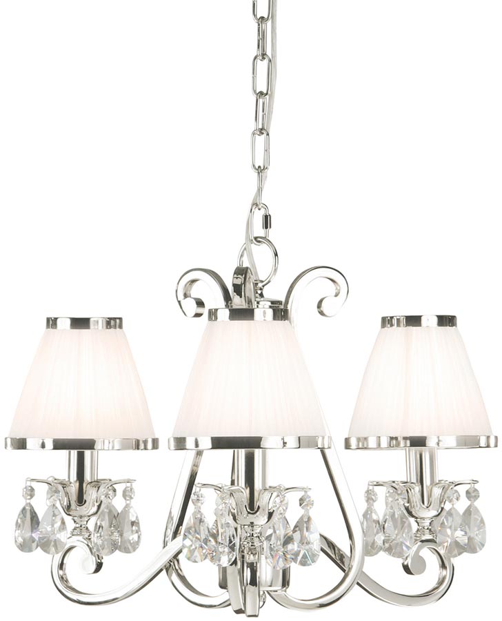 Oksana Nickel 3 Light Chandelier Crystal Drops White Shades