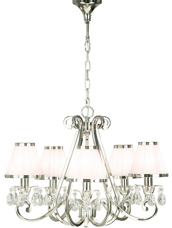 Oksana Nickel 5 Light Chandelier Crystal Drops White Shades