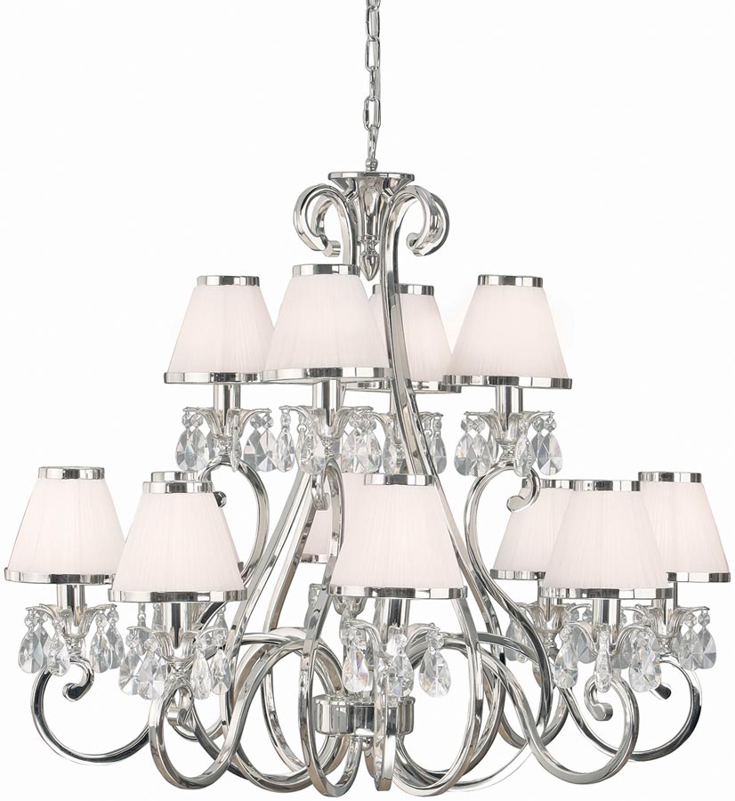 Oksana Large Nickel 12 Light Crystal Chandelier White Shades