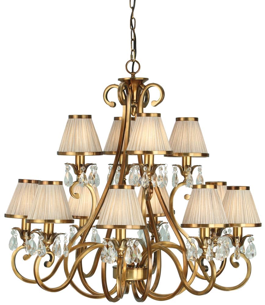 Oksana Large Brass 12 Light Crystal Chandelier Beige Shades