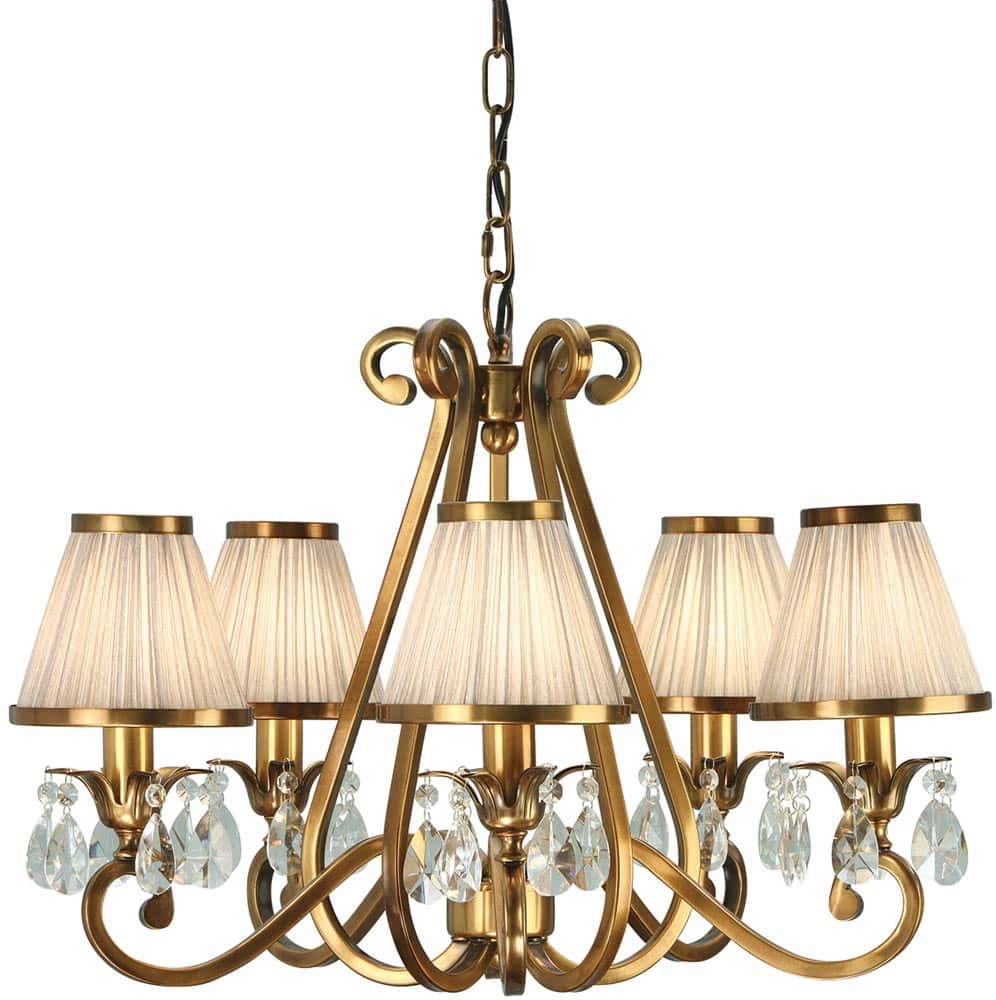 Oksana Brass 5 Light Chandelier Crystal Drops Beige Shades