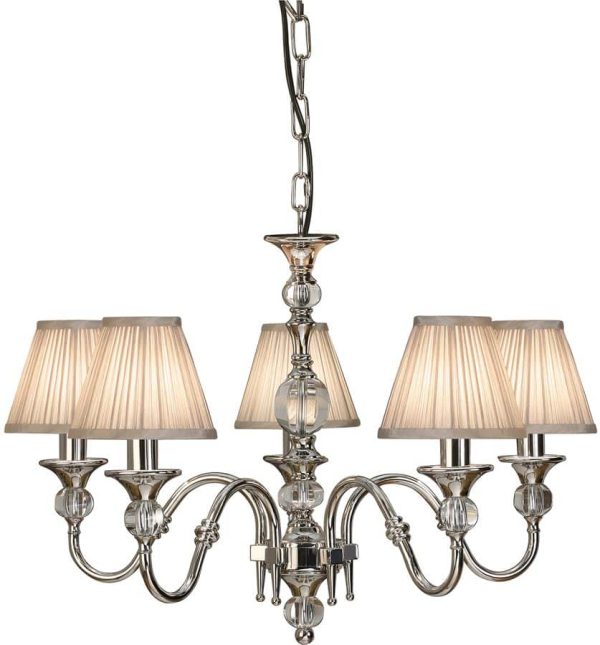 Polina Nickel 5 Light Classic Chandelier With Beige Shades