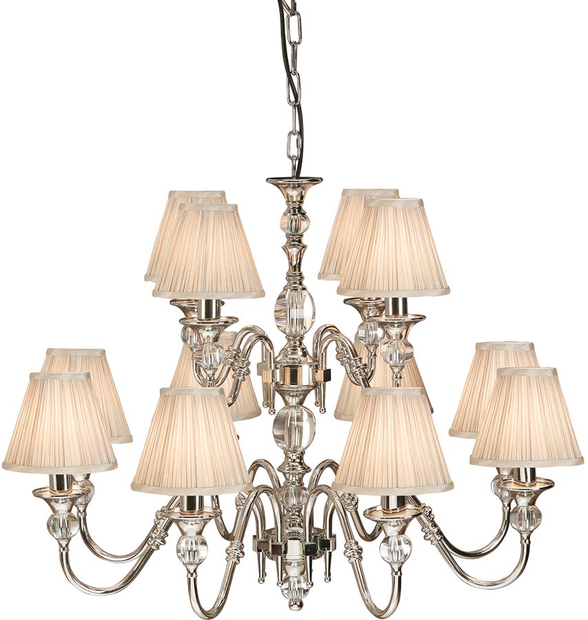 Polina Nickel 12 Light Classic Chandelier With Beige Shades