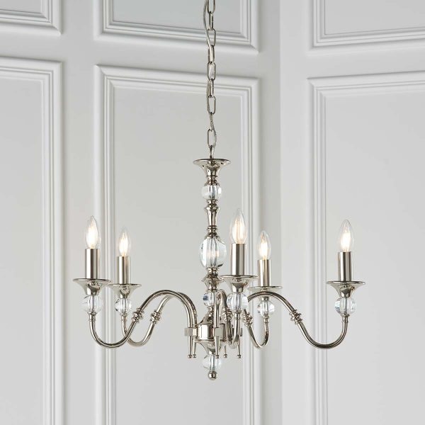 Polina polished nickel 5 light classic chandelier with crystal in panelled room
