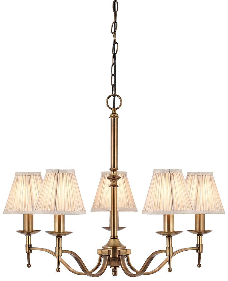 Stanford Antique Brass 5 Light Chandelier With Beige Shades