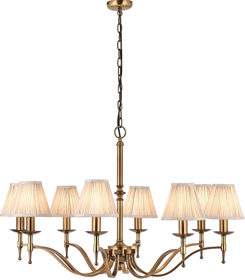 Stanford Antique Brass 8 Light Chandelier With Beige Shades