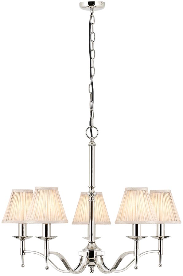 Stanford Polished Nickel 5 Light Chandelier With Beige Shades