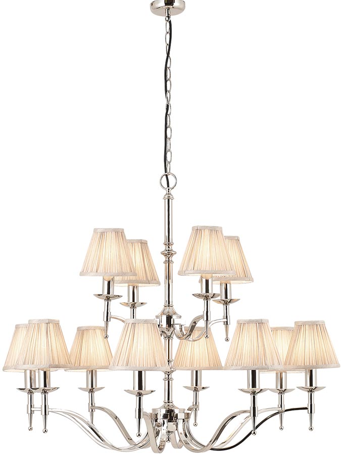 Stanford Nickel 12 Light Large Chandelier With Beige Shades