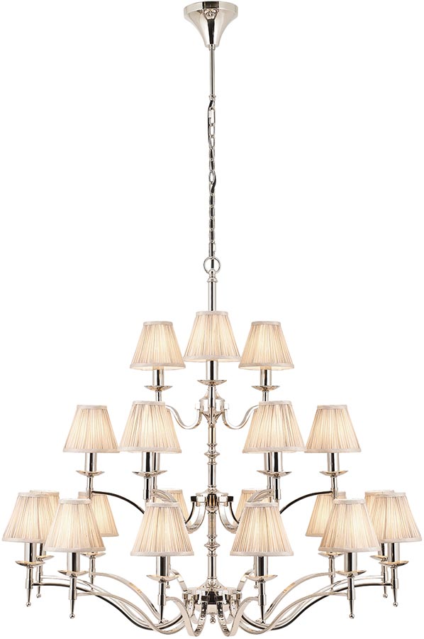 Stanford Nickel 21 Light Large Chandelier With Beige Shades