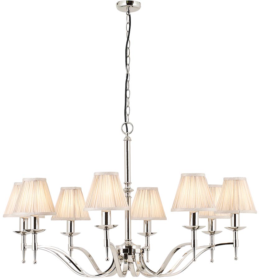 Stanford Polished Nickel 8 Light Chandelier With Beige Shades