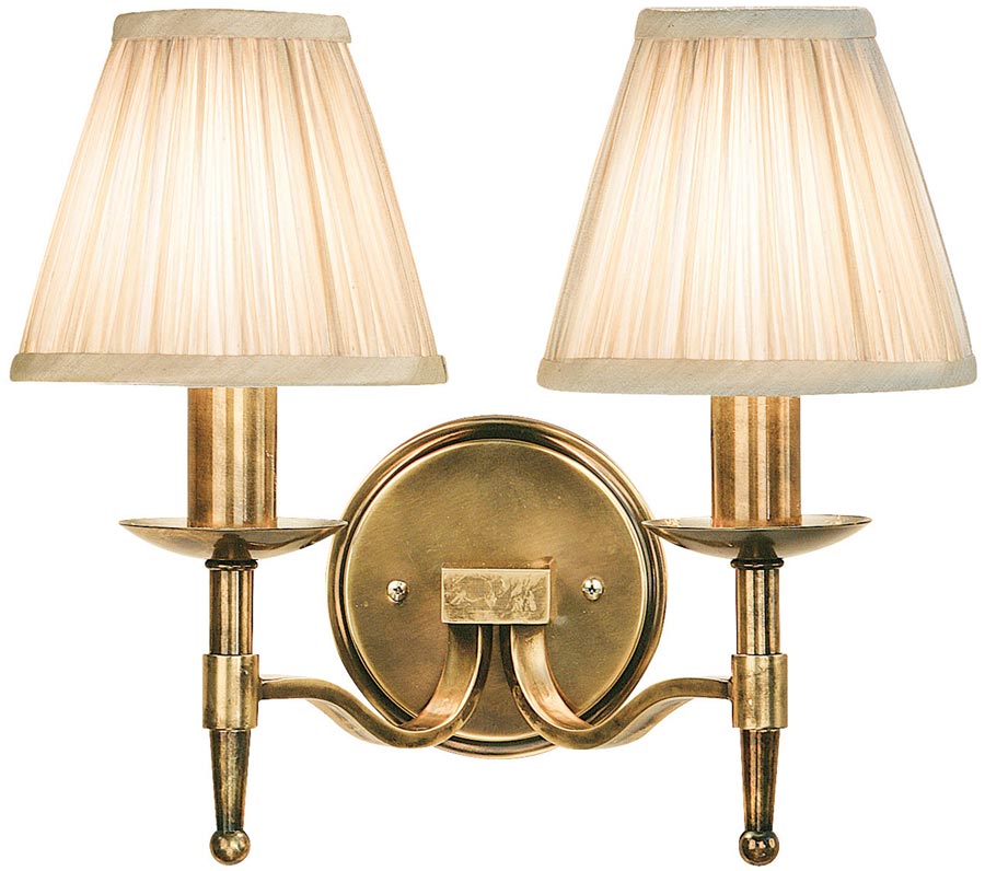 Stanford Antique Brass 2 Lamp Wall Light With Beige Shades