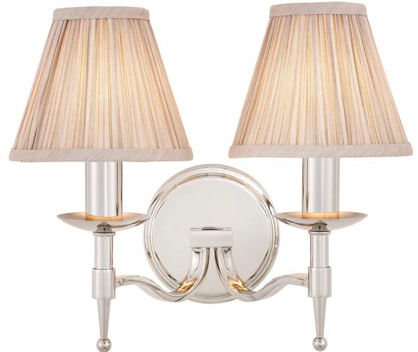 Stanford Polished Nickel 2 Lamp Wall Light With Beige Shades