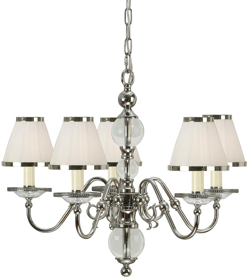 Tilburg Nickel 5 Light Chandelier With White Faux Silk Shades