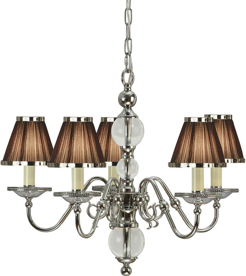 Tilburg Nickel 5 Light Chandelier With Chocolate Faux Silk Shades