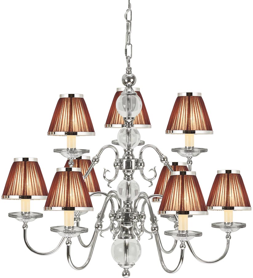 Tilburg Nickel 9 Light Large Chandelier With Chocolate Shades