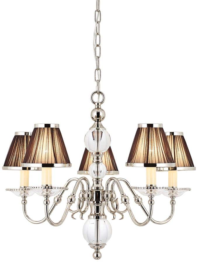 Tilburg Nickel 5 Light Chandelier With Black Faux Silk Shades