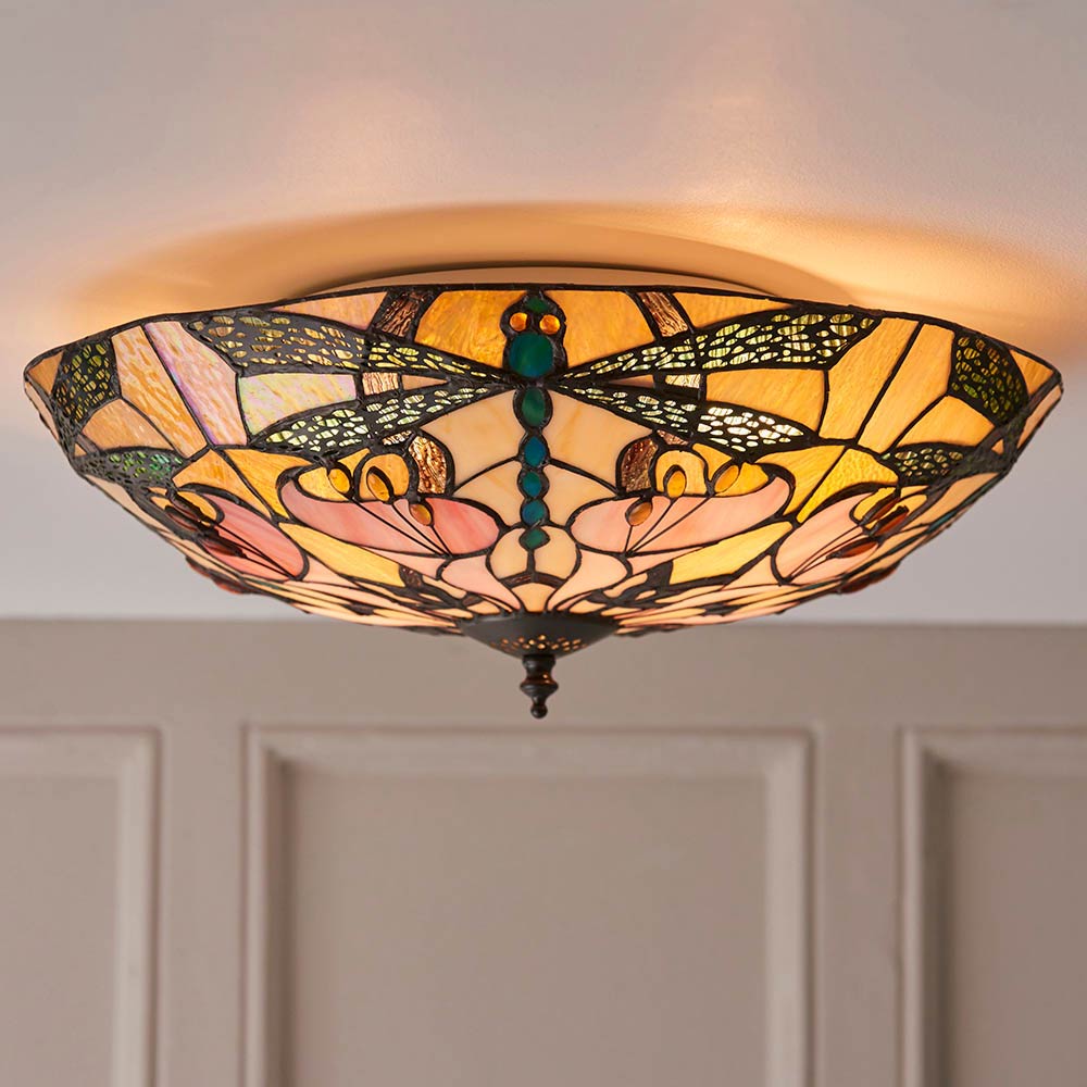 Ashton Large Flush Tiffany Light Art Nouveau Dragonfly