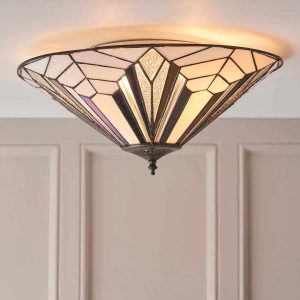 Astoria Tiffany 2 lamp flush ceiling light in Art Deco design shown on room ceiling