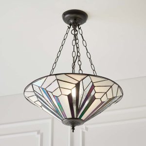 Astoria Tiffany 3 light Art Deco style pendant uplighter on room ceiling