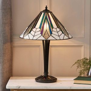 Astoria medium 2 light Tiffany table lamp in Art Deco design on lounge table