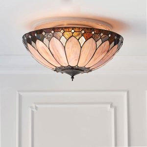 Brooklyn large 2 light flush Tiffany light in Art Deco style, shown in room setting.