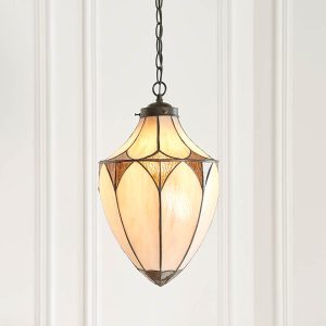 Brooklyn Art Deco style large Tiffany hanging lantern, shown half height in panelled room.