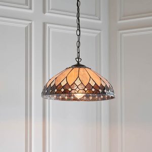 Brooklyn medium Tiffany 1 light pendant in Art Deco style, shown in panelled room.