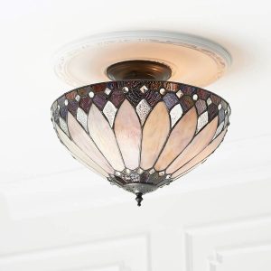 Brooklyn medium semi flush Tiffany 3 light in Art Deco style, shown on room ceiling.