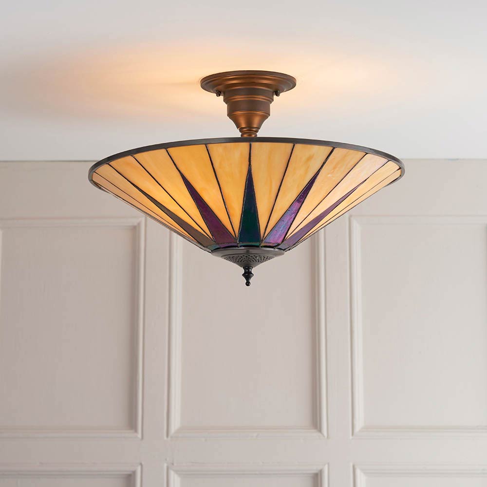 Dark Star Large Tiffany Semi Flush Ceiling Light Art Deco Design