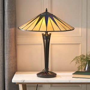 Dark Star 2 light large Tiffany table lamp in an Art Deco design, on living room side table.
