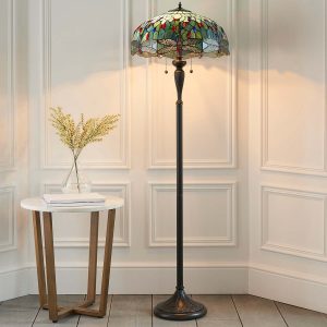 Blue Dragonfly 2 light Tiffany floor lamp standard in lounge alcove next to table